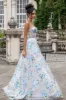 White Blue Flower A Line Sweetheart Corset Long Prom Dress with Slit sold by Zapaka