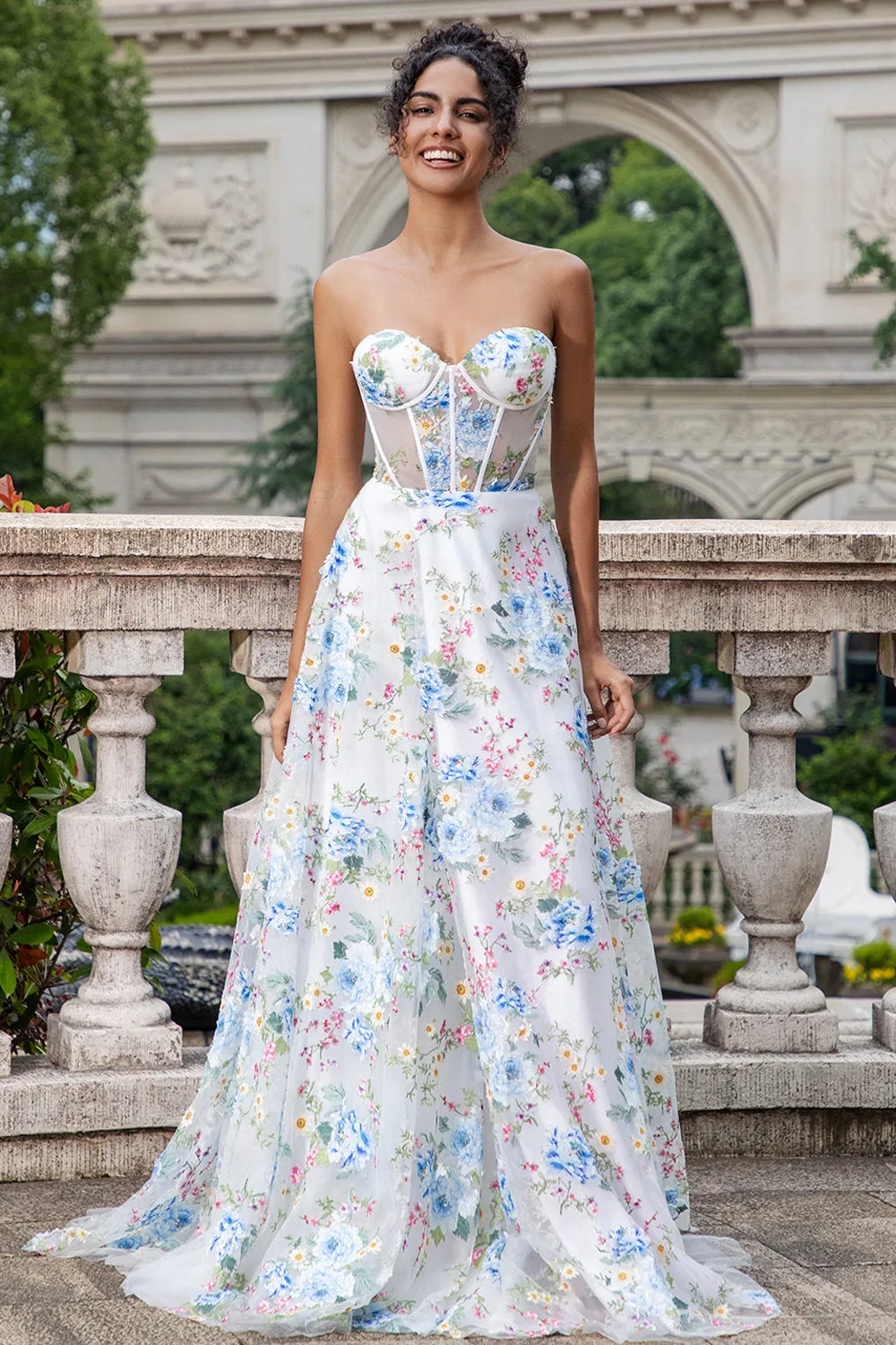 White Blue Flower A Line Sweetheart Corset Long Prom Dress with Slit sold by Zapaka