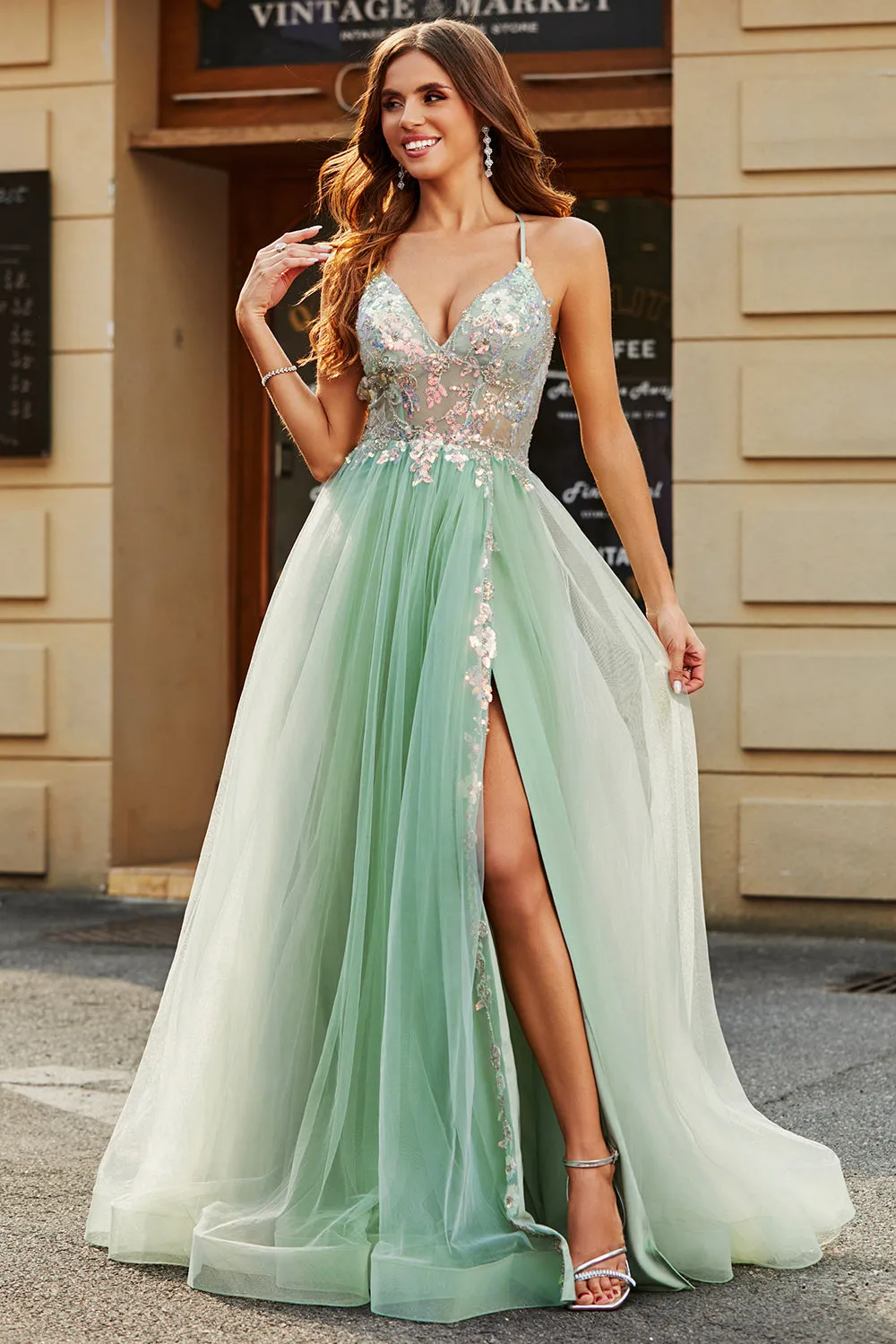 A-Line V Neck Floor-Length Beaded Tulle Light Green Prom Dress with Slit sold by Zapaka product image thumbnail 3