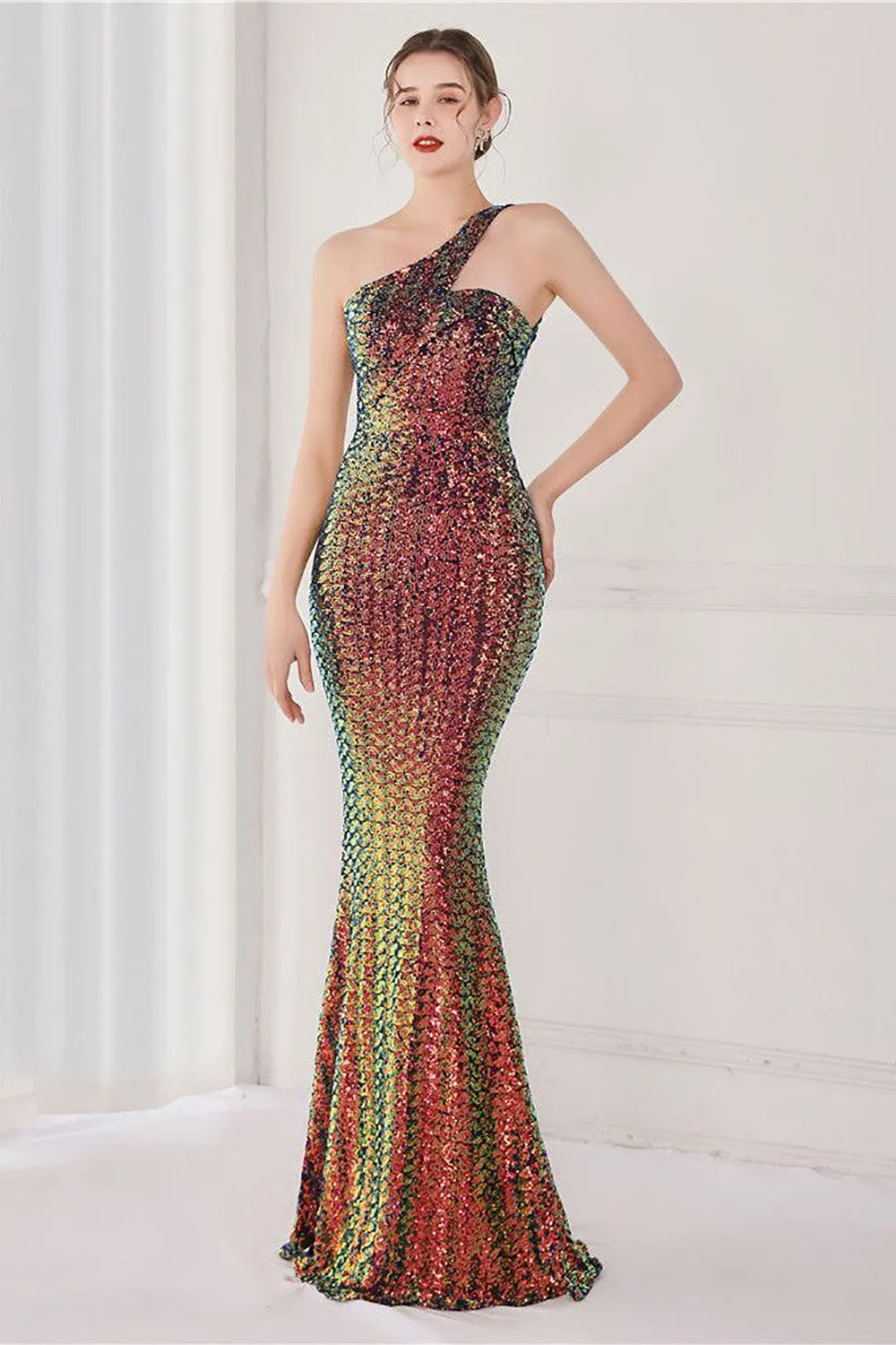 Colorful One Shoulder Sequined Mermaid Evening Dress sold by Zapaka product image thumbnail 4