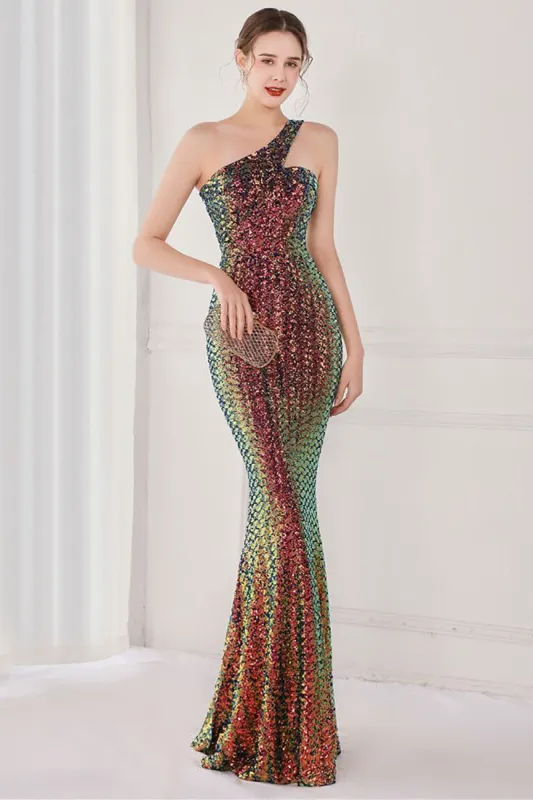 Colorful One Shoulder Sequined Mermaid Evening Dress sold by Zapaka