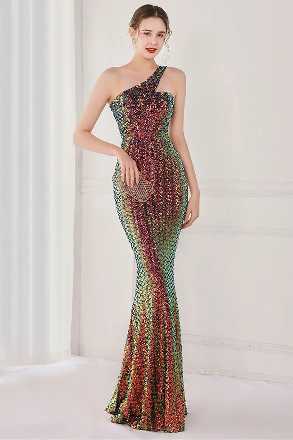 Colorful One Shoulder Sequined Mermaid Evening Dress sold by Zapaka