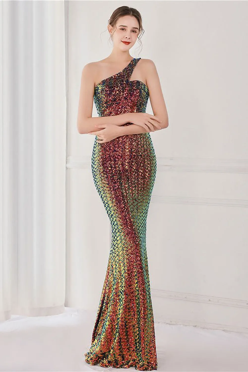 Colorful One Shoulder Sequined Mermaid Evening Dress sold by Zapaka product image thumbnail 3