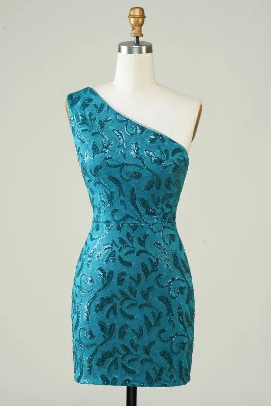 Blue One Shoulder Tight Homecoming Dress with Back Hollow-out sold by Zapaka