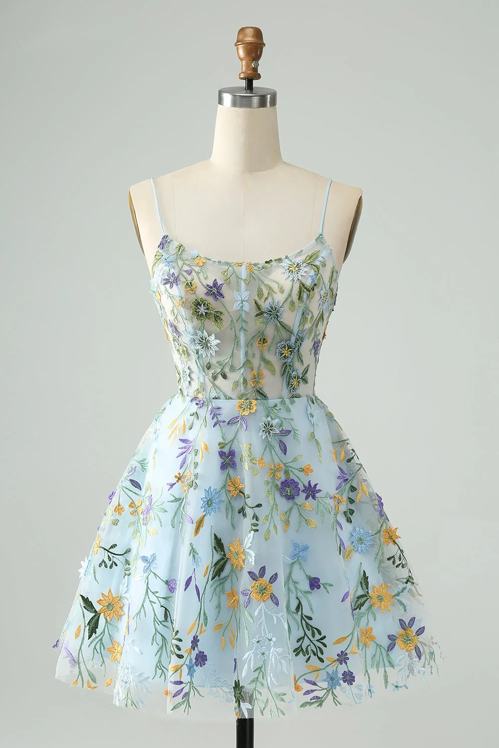 Elegant Blue Flower A Line Corset Short Homecoming Dress with Embroidery sold by Zapaka