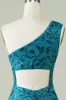 Blue One Shoulder Tight Homecoming Dress with Back Hollow-out sold by Zapaka