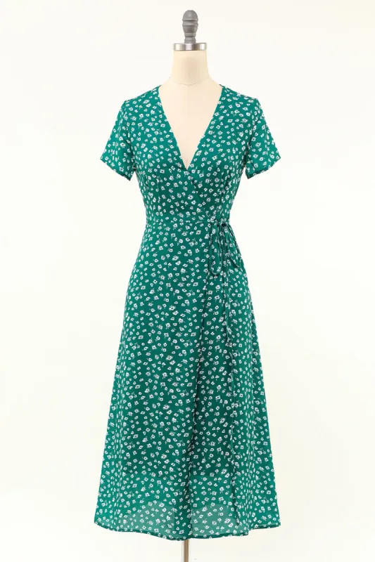 Green V Neck Teal Length Wrap Dress sold by Zapaka