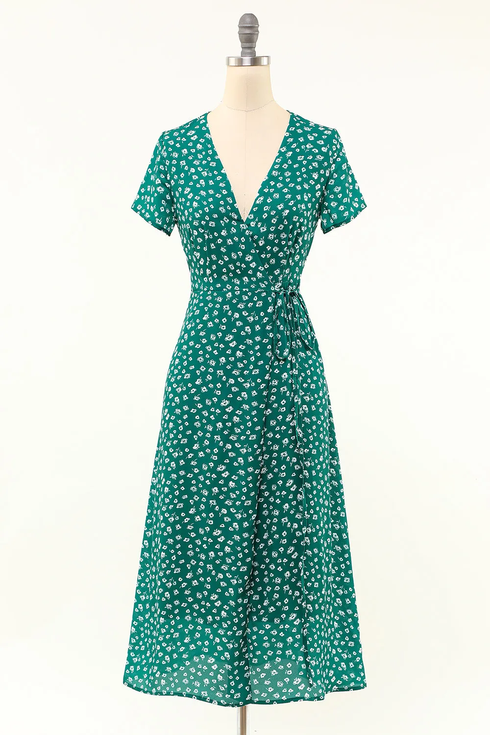 Green V Neck Teal Length Wrap Dress sold by Zapaka