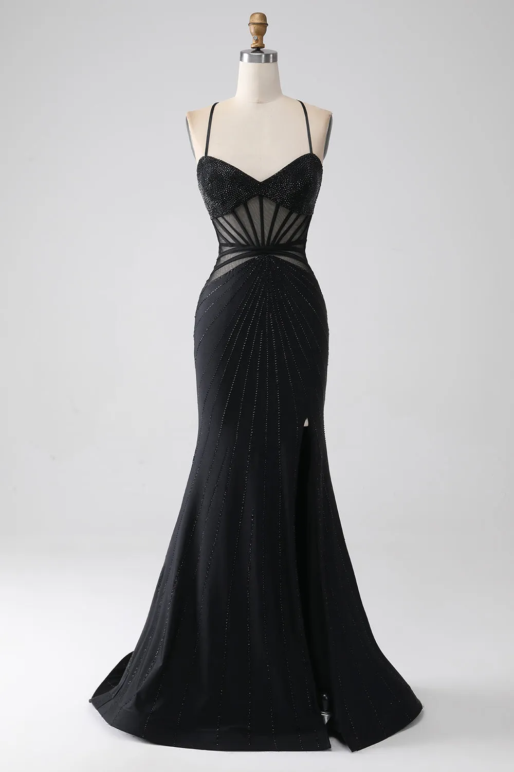 Mermaid Black Spaghetti Straps Long Prom Dress with Slit sold by Zapaka