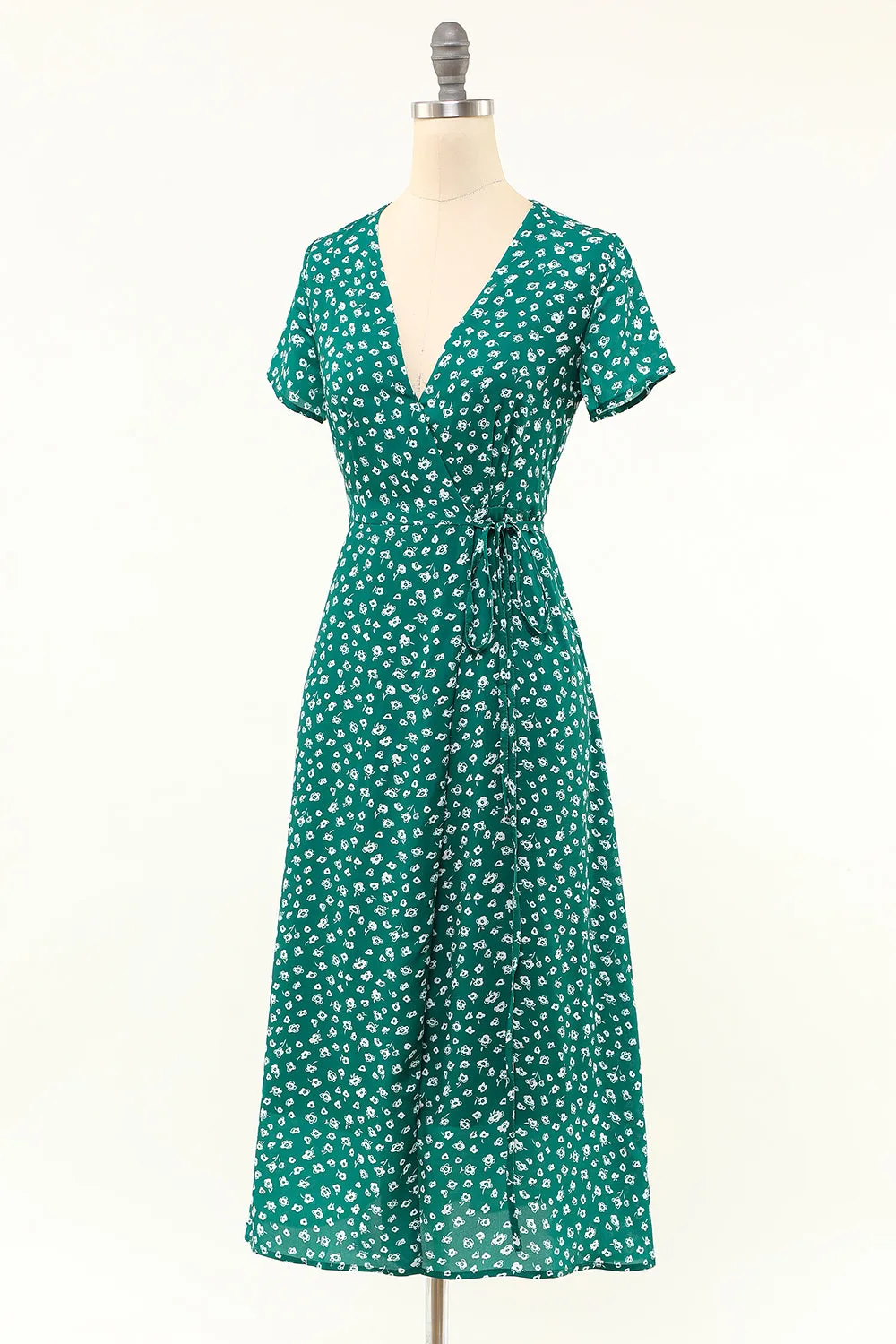 Green V Neck Teal Length Wrap Dress sold by Zapaka product image thumbnail 3