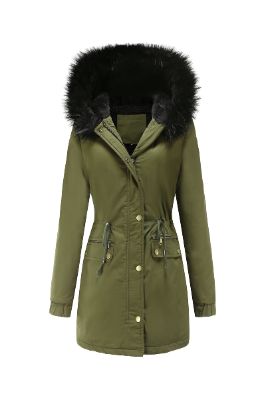 Army Green Fur Collar Drawstring Waist Thickened Mid Coat sold by Zapaka