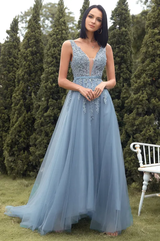 A-line Long Blue Prom Dress with Appliques sold by Zapaka