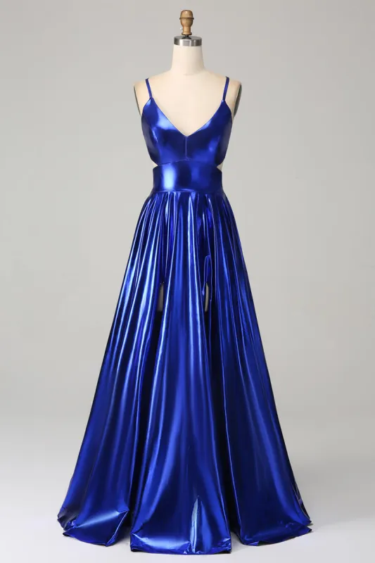 Royal Blue A-Line Spaghetti Straps Prom Dress with Slit sold by Zapaka