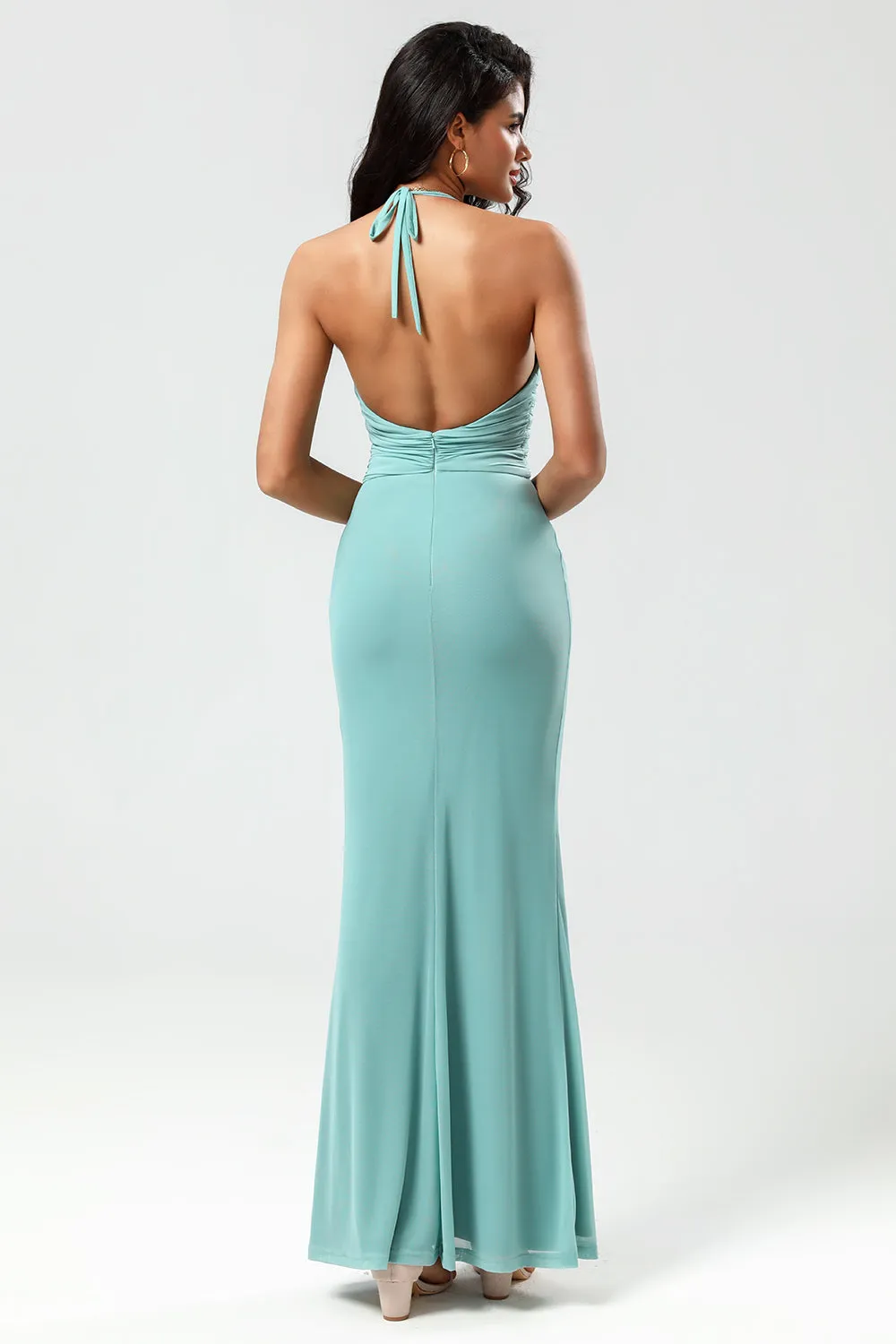 Mermaid Halter Green Long Bridesmaid Dress with V-neck sold by Zapaka product image thumbnail 2