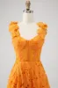 Orange A-Line Floral Lace Long Prom Dress sold by Zapaka