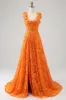 Orange A-Line Floral Lace Long Prom Dress sold by Zapaka