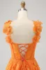 Orange A-Line Floral Lace Long Prom Dress sold by Zapaka