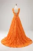 Orange A-Line Floral Lace Long Prom Dress sold by Zapaka
