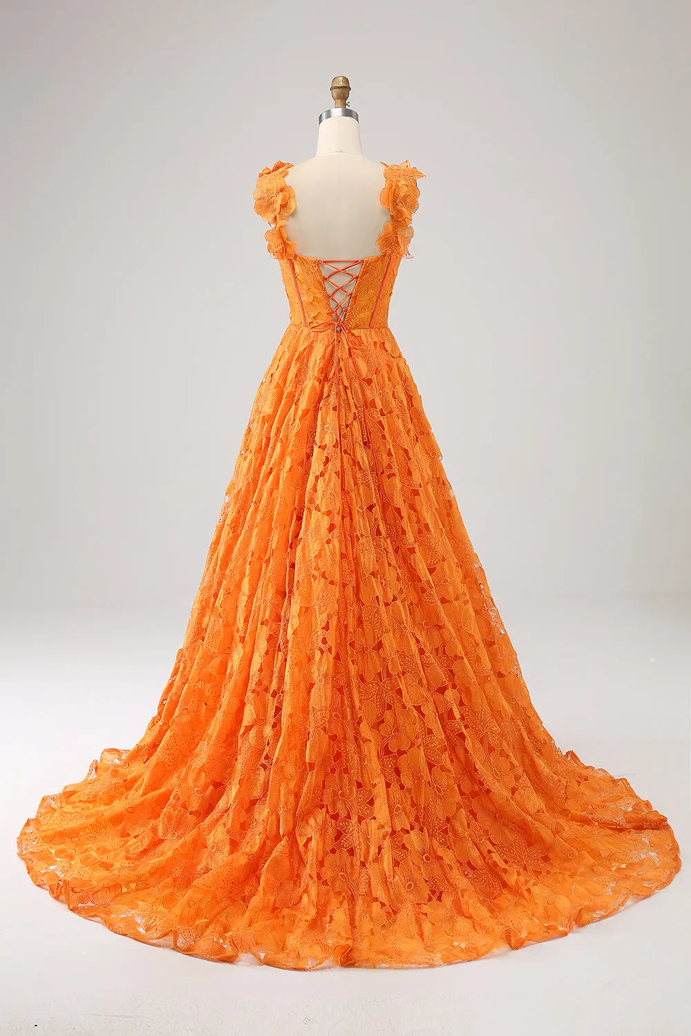 Orange A-Line Floral Lace Long Prom Dress sold by Zapaka product image thumbnail 2