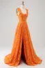 Orange A-Line Floral Lace Long Prom Dress sold by Zapaka