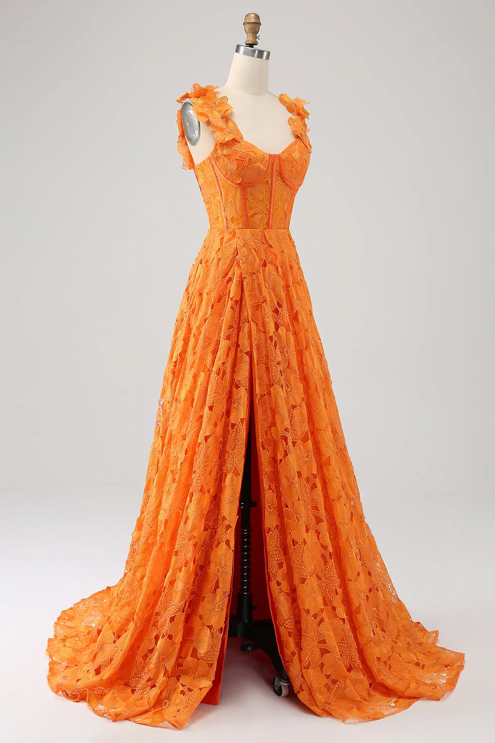 Orange A-Line Floral Lace Long Prom Dress sold by Zapaka product image thumbnail 3