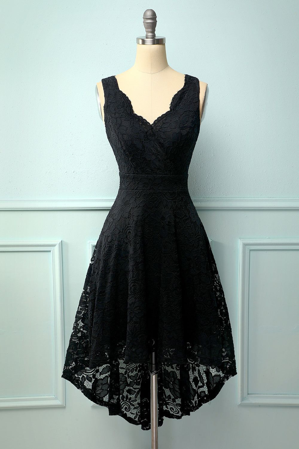 Black V-Neck Lace Dress sold by Zapaka