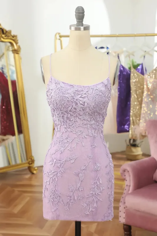 Purple Spaghetti Straps Backless Tight Homecoming Dress With Appliques made by Zapaka