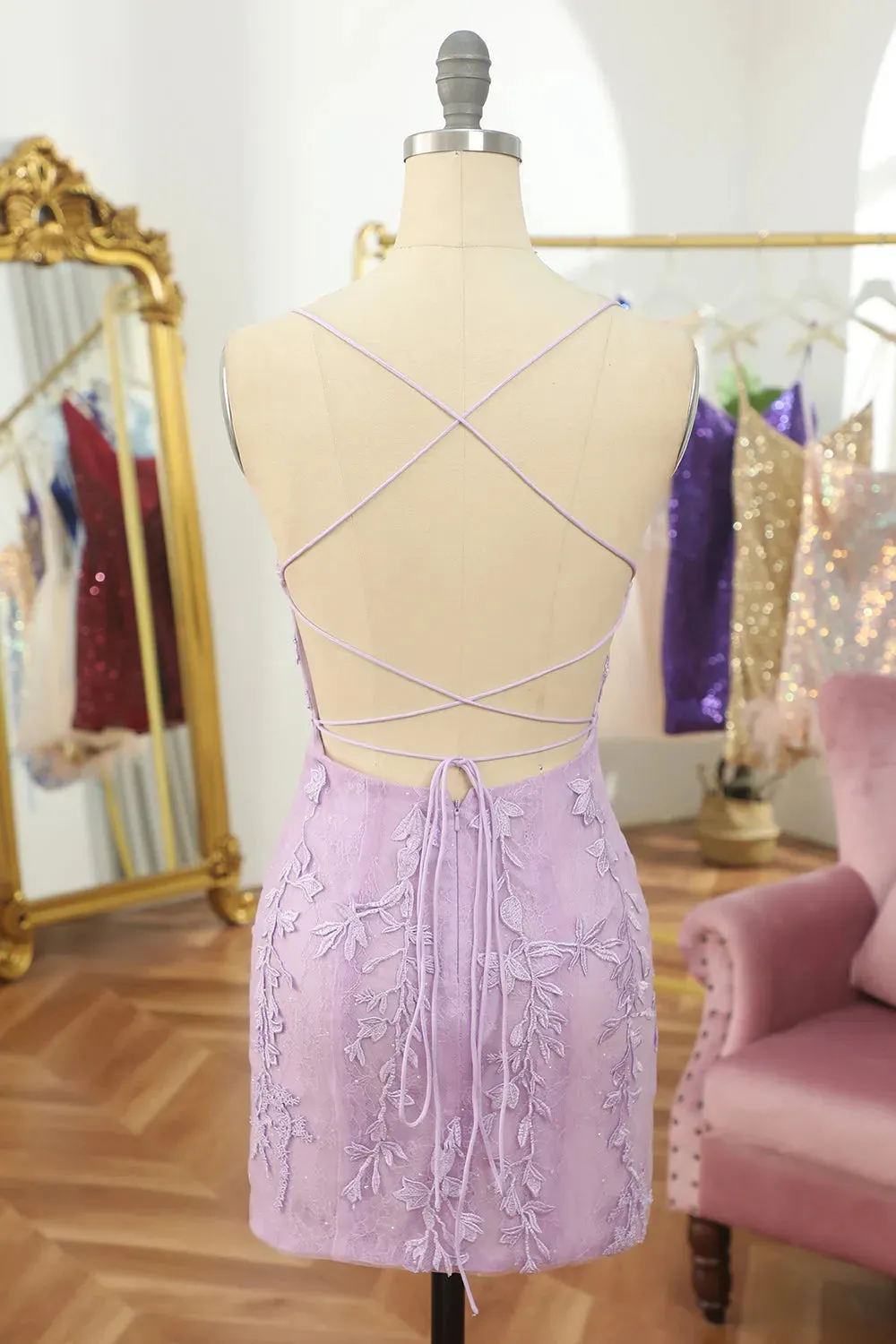 Purple Spaghetti Straps Backless Tight Homecoming Dress With Appliques sold by Zapaka product image thumbnail 2