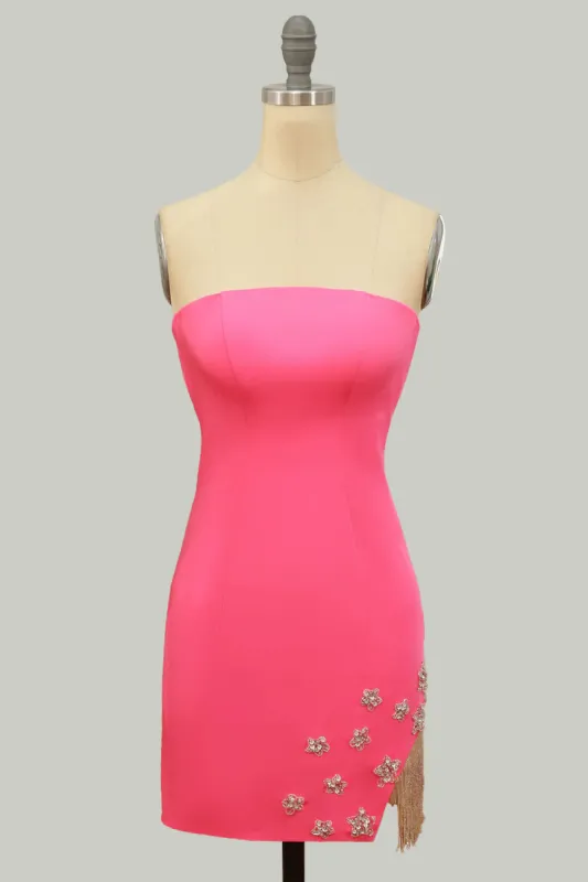 Stylish Fuchsia Sheath Strapless Short Homecoming Dress with Tassel sold by Zapaka