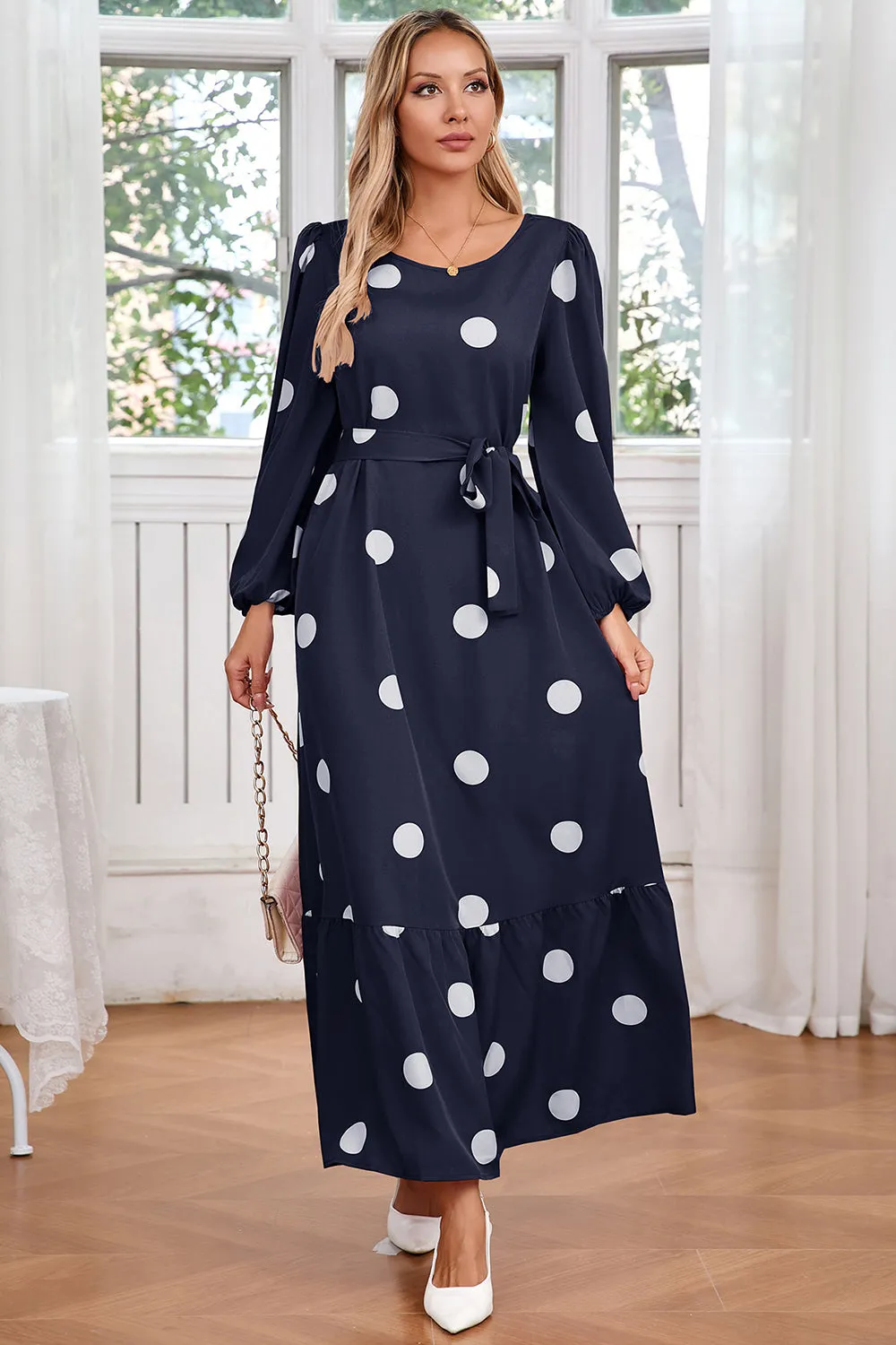 Navy Scoop Neck Polka Dots Long Cocktail Dress with Sash sold by Zapaka