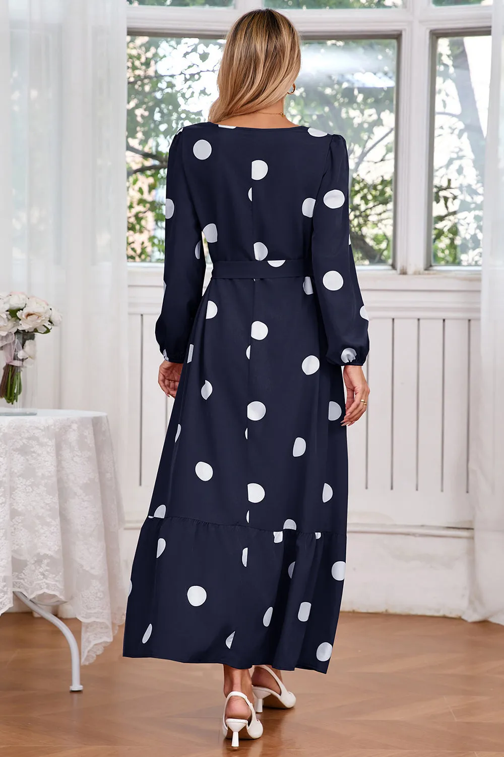 Navy Scoop Neck Polka Dots Long Cocktail Dress with Sash sold by Zapaka product image thumbnail 2