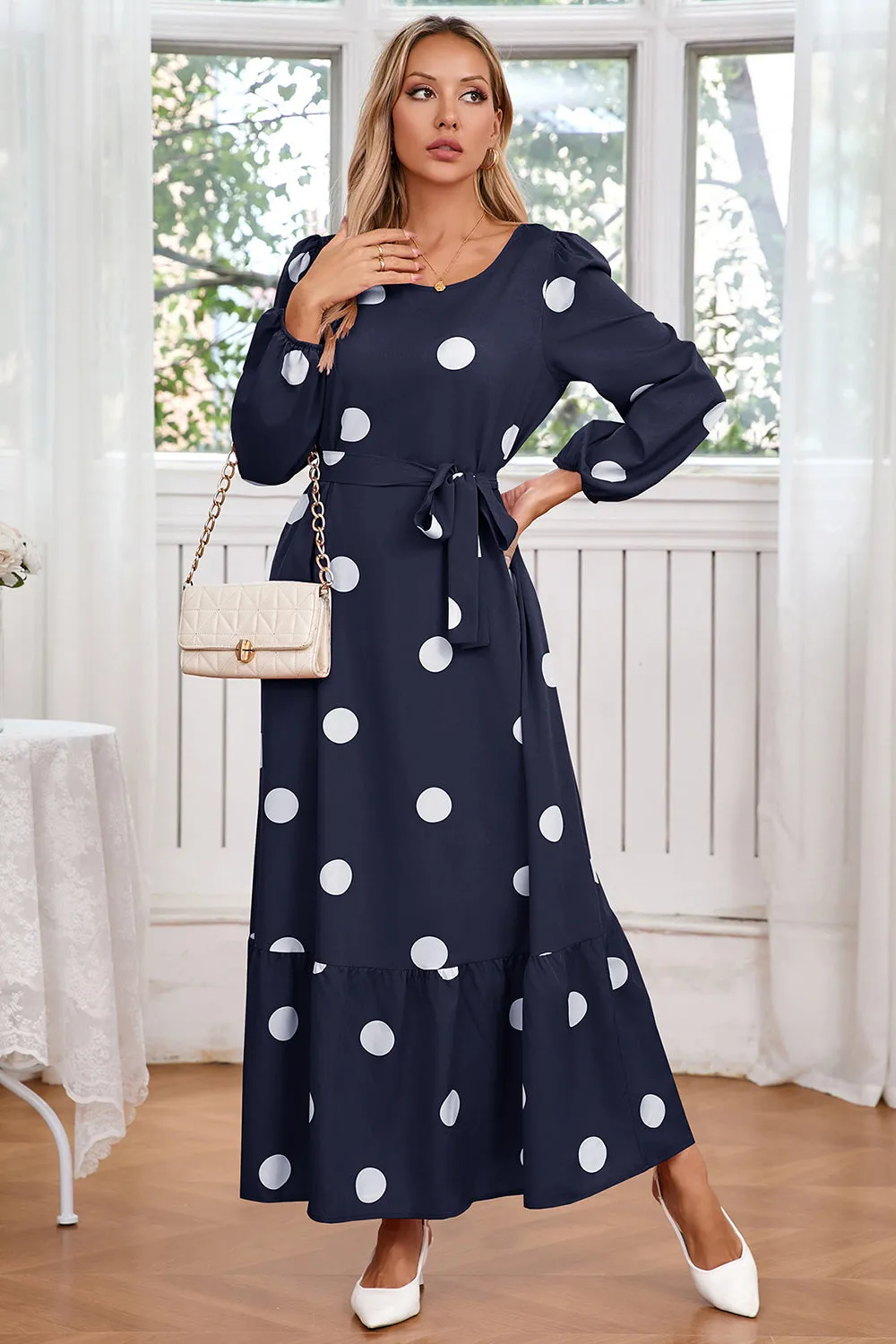 Navy Scoop Neck Polka Dots Long Cocktail Dress with Sash sold by Zapaka product image thumbnail 3