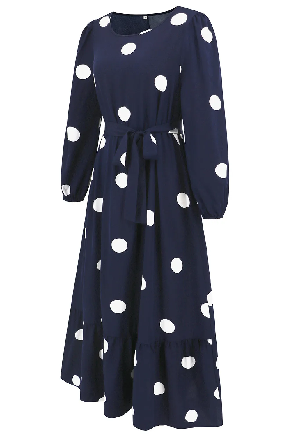 Navy Scoop Neck Polka Dots Long Cocktail Dress with Sash sold by Zapaka product image thumbnail 4