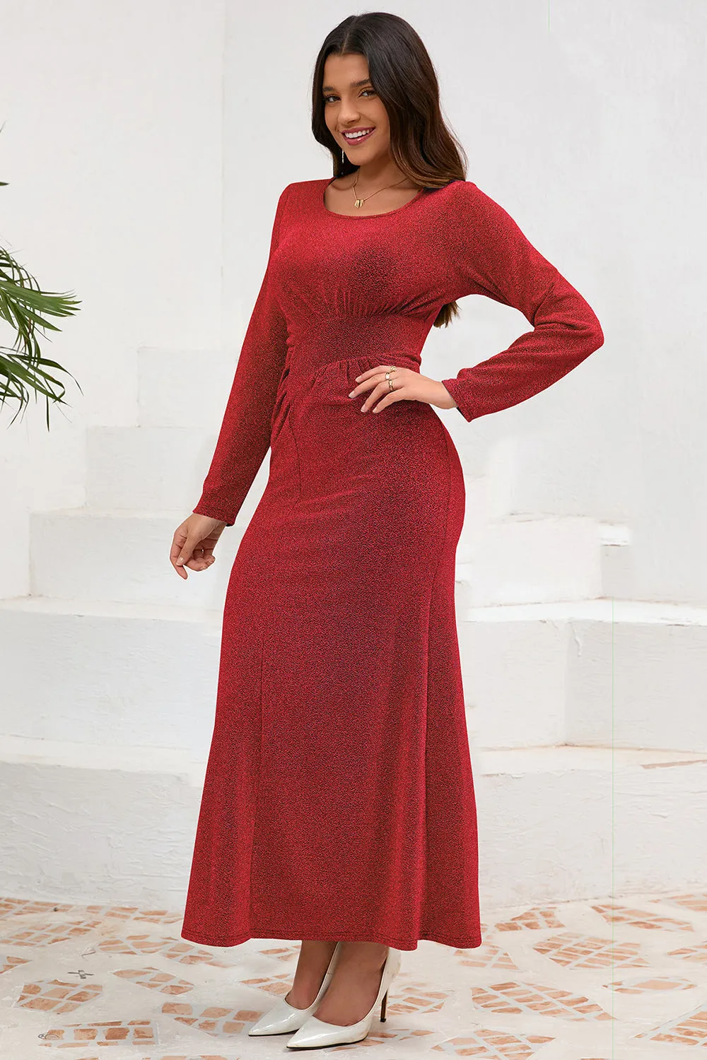 Red Mermaid Scoop Neck Long Party Dress with Long Sleeves sold by Zapaka product image thumbnail 3