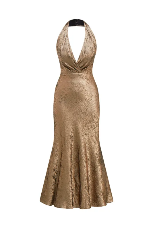 Golden Halter Neck Mermaid Satin Midi Cocktail Dress sold by Zapaka