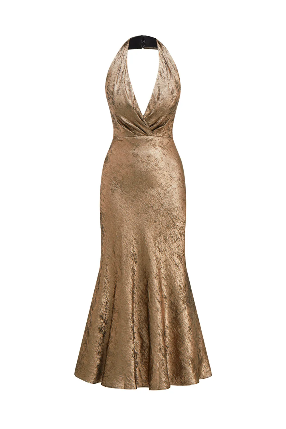 Golden Halter Neck Mermaid Satin Midi Cocktail Dress sold by Zapaka