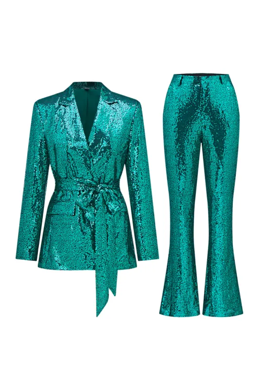 Sparkly Green Sequins Notched Lapel Women Suits with Belt sold by Zapaka