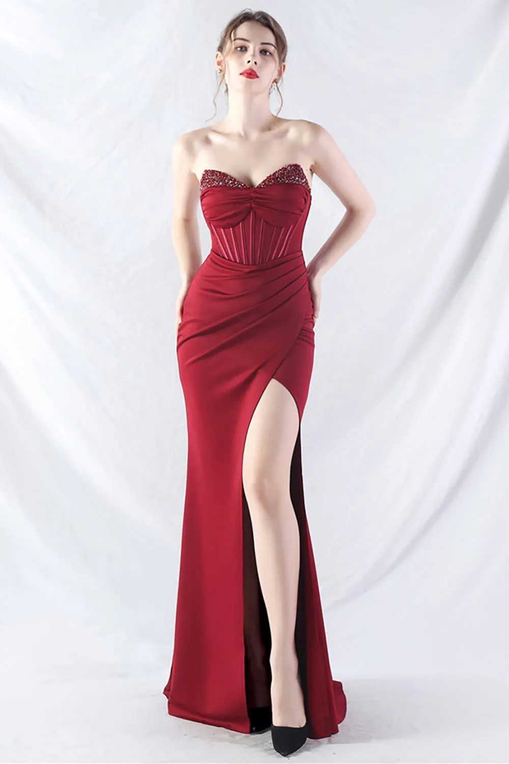 Sparkly Burgundy Beaded Corset Long Prom Dress with Slit sold by Zapaka
