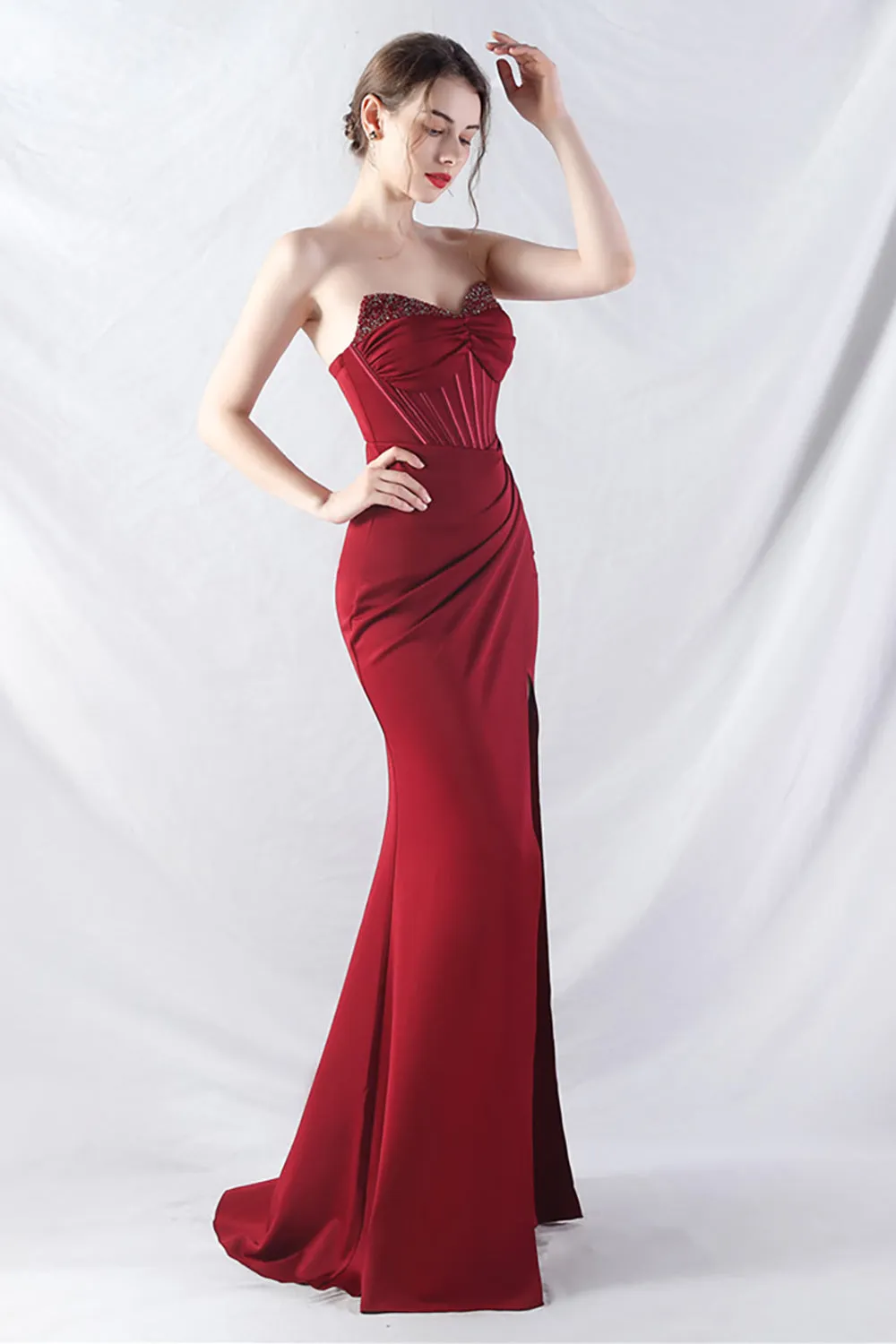 Sparkly Burgundy Beaded Corset Long Prom Dress with Slit sold by Zapaka product image thumbnail 4