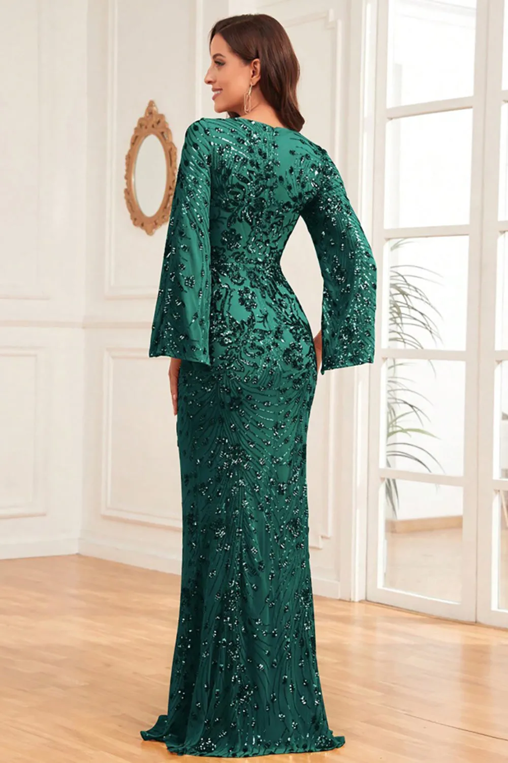 Glitter Champagne Mermaid V Neck Long Prom Dress sold by Zapaka product image thumbnail 5