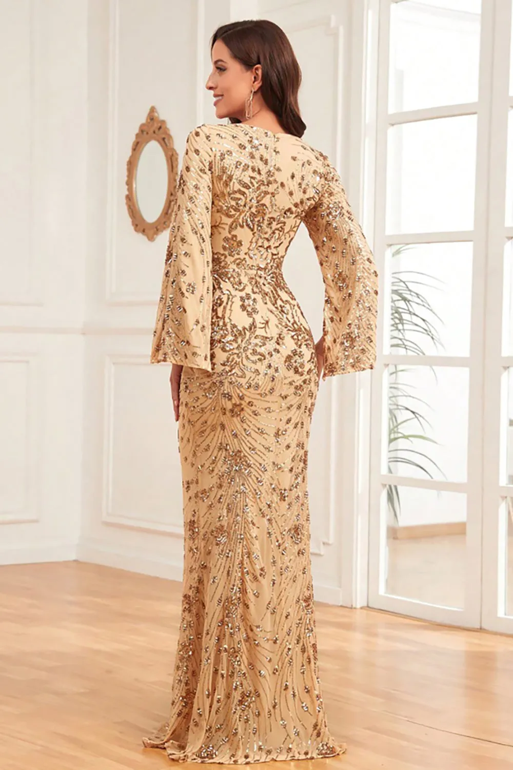 Glitter Champagne Mermaid V Neck Long Prom Dress sold by Zapaka product image thumbnail 2