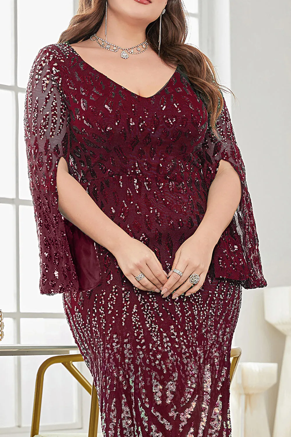 Burgundy Glitter Mermaid V Neck Prom Dress with Beaded sold by Zapaka product image thumbnail 4