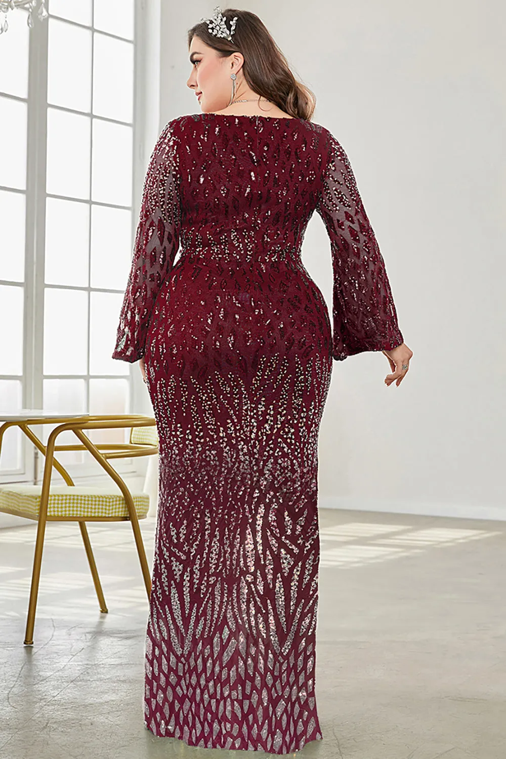 Burgundy Glitter Mermaid V Neck Prom Dress with Beaded sold by Zapaka product image thumbnail 2