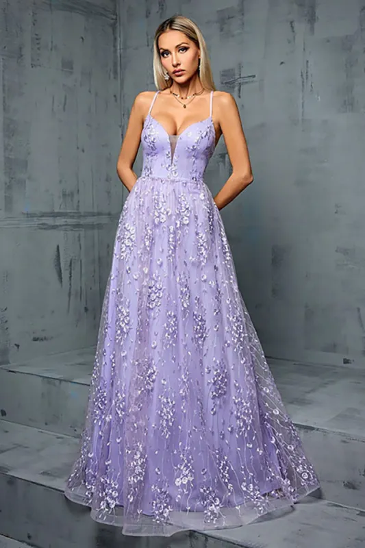 Light Purple A Line Spaghetti Straps Tulle Prom Dress sold by Zapaka