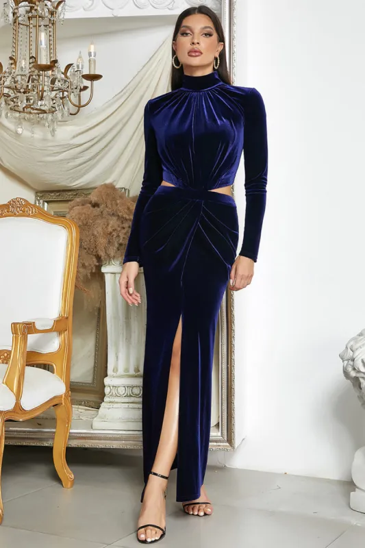 Dark Blue Mermaid Halter Neck Prom Dress with Slit sold by Zapaka