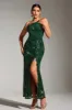 Sparkly Dark Green One Shoulder Mermaid Sequin Long Party Dress with Slit sold by Zapaka