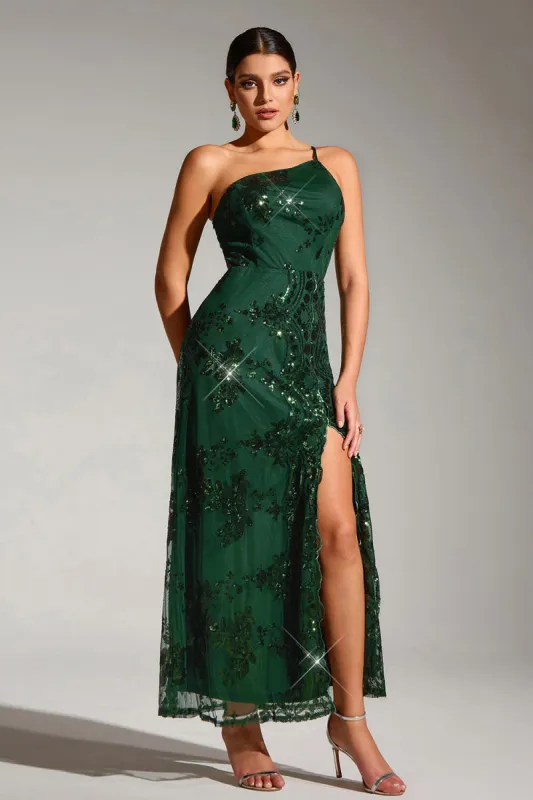 Sparkly Dark Green One Shoulder Mermaid Sequin Long Party Dress with Slit sold by Zapaka