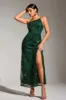 Sparkly Dark Green One Shoulder Mermaid Sequin Long Party Dress with Slit sold by Zapaka