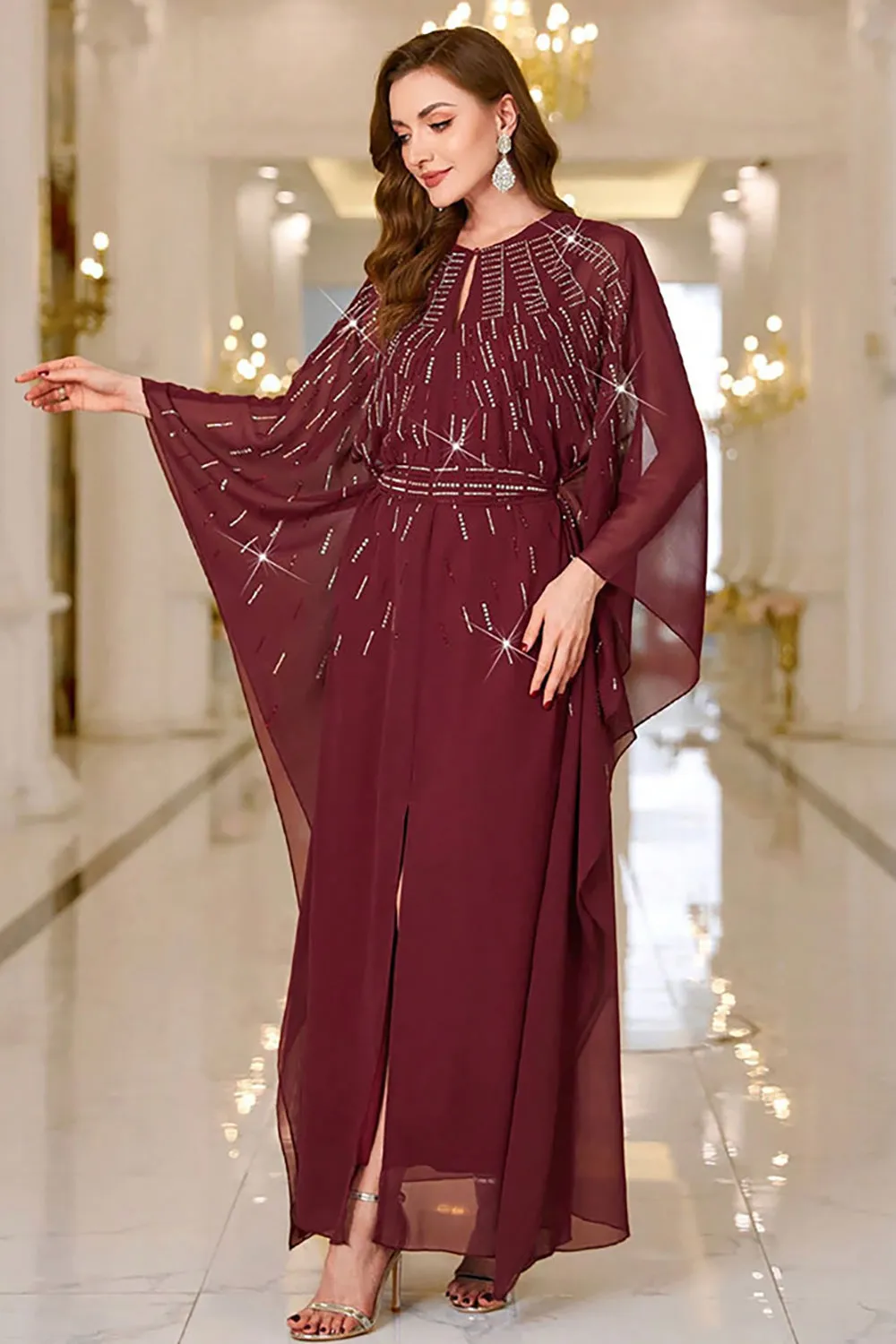 Sparkly Burgundy A Line Round Neck Long Sleeves Prom Dress sold by Zapaka product image thumbnail 5