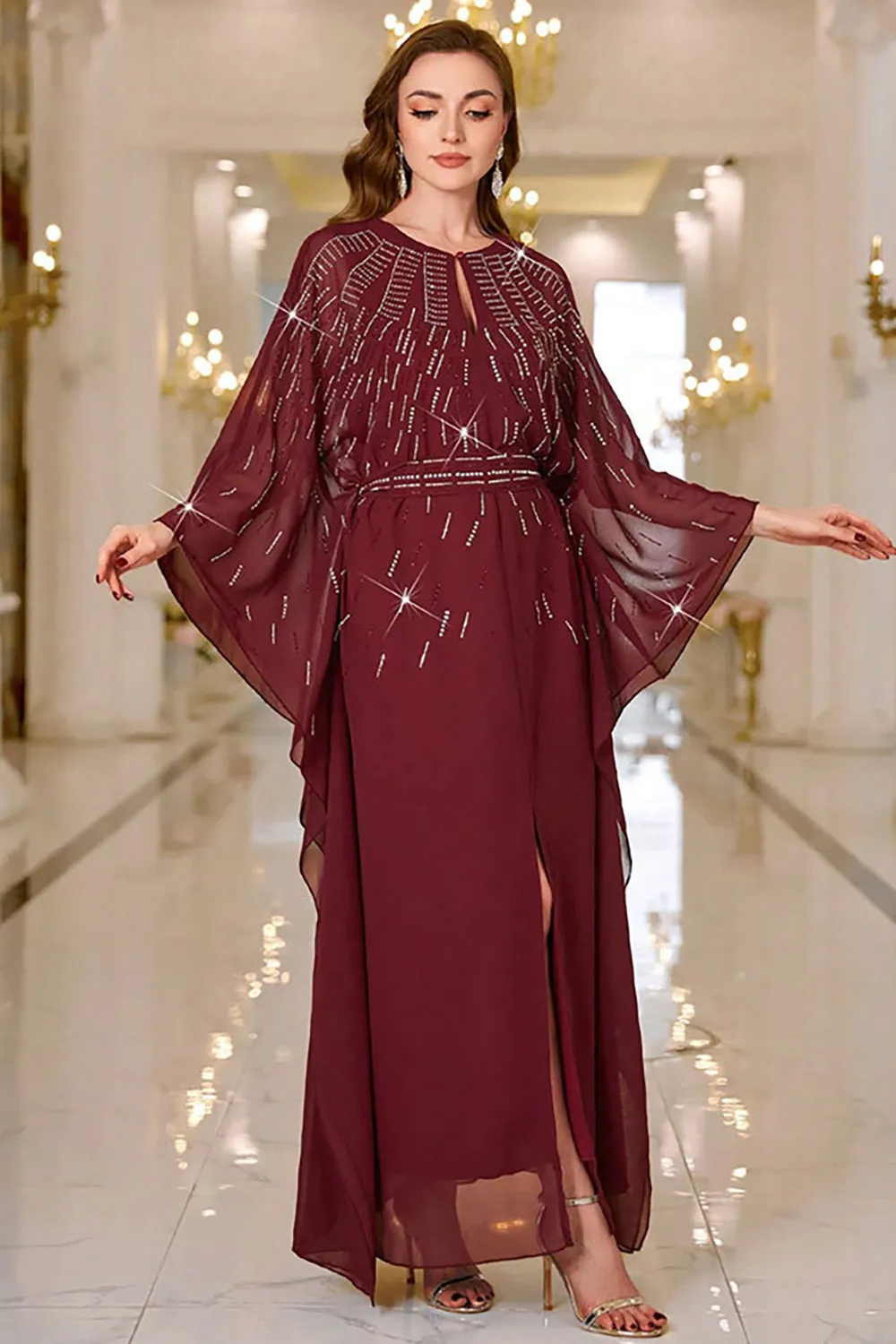 Sparkly Burgundy A Line Round Neck Long Sleeves Prom Dress sold by Zapaka product image thumbnail 3